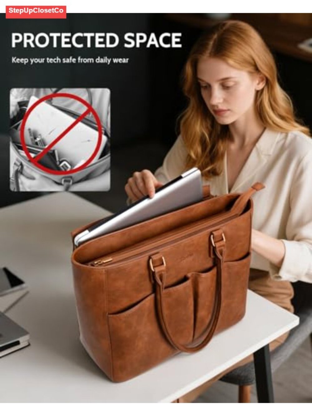 Faux Leather Tote Bag, Padded Laptop Compartment, Work & Travel - Picture 3 of 6